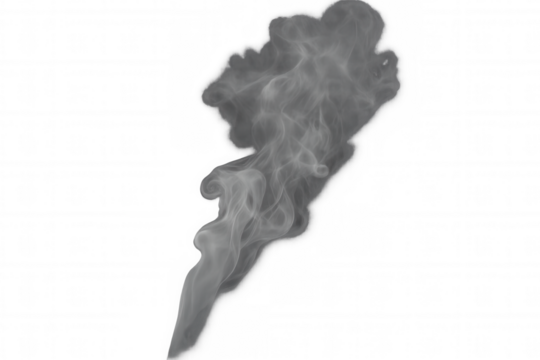 Gray smoke or steam stream expanding on transparent background, symbolizing pollution, fog, or abstract element