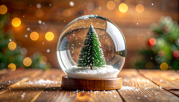 Enchanting Christmas Snow Globe with a Miniature Fir Tree, Adorned by Sparkling Bokeh Lights on a Warm Wooden Surface, Capturing the Holiday Spirit - Powered by Adobe