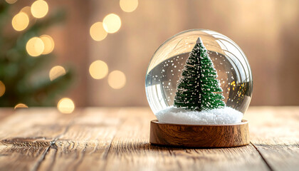 Charming miniature Christmas tree snow globe on a wooden surface, surrounded by festive bokeh lights, perfectly capturing the essence of winter holidays and seasonal magic
