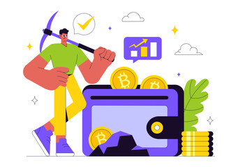 Bitcoin Mining Illustration Featuring a Cryptomining Farm with People Trading and Investing in Digital Web Money, Blockchain, and Fintech Industry