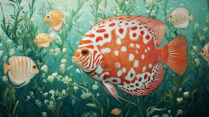 99.A Red melon discus fish in an aquarium, its intricate patterns and vibrant orange and white hues stand out against the soft green underwater foliage, with other smaller fish swimming nearby in the