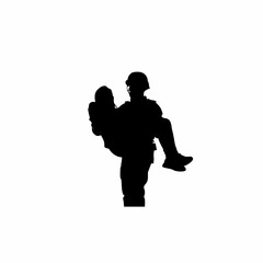 Silhouette of a rescuer carrying flood victims to safety isolated on white background