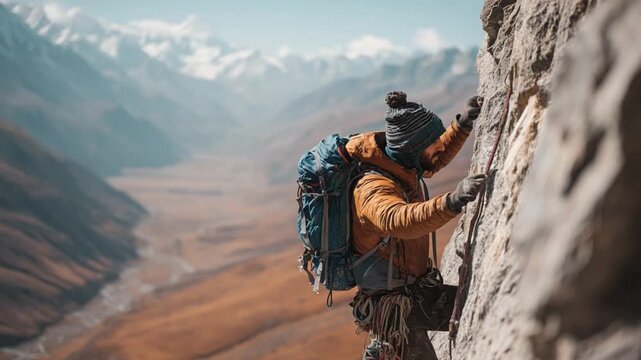Facing Heights: An individual fearlessly ascends a sheer rock face. This image is a testament to human tenacity, captured against the backdrop of an expansive landscape and rugged mountains.