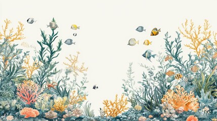 4.A seamless marine-themed border with graceful underwater plants and small, colorful fish darting in and out, the design offering a dynamic, handmade feel with natural textures and soothing ocean