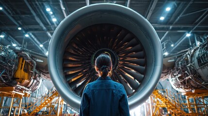 Woman looks at a large airplane engine in a hangar, back view. It illustrates technology, engineering, or aerospace industry concepts.
