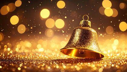 Gleaming golden bell resting on a shimmering surface, surrounded by radiant bokeh lights, creating a magical and festive atmosphere ideal for holiday celebrations and special occasions