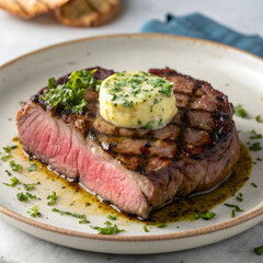 Delicious grilled ribeye steak with herb butter