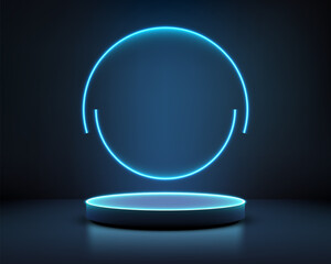 futuristic neon glowing circle with illuminated podium stage on dark reflective background for product showcase presentation and modern 3d technology design concepts