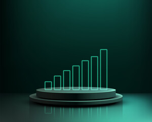 business growth chart neon green bars on dark teal stage 3d podium for finance success marketing analysis and digital data visualization in modern corporate presentation background
