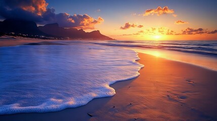 Fototapeta premium 37.Cape Town Sunset over Camps Bay Beach with Table Mountain and Twelve Apostles in the Background, South Africa