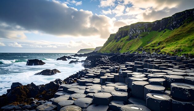 Coastal landscape with distinctive hexagonal basalt columns