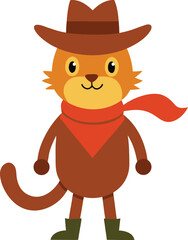 Cute cartoon orange tabby cat cowboy character wearing hat and scarf. cat cartoon character.
