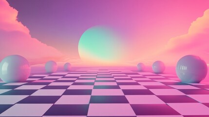 18.An aesthetic digital illustration of a glowing neon sky in soft pink, purple, and green tones, with a bold checkered floor below, evoking a vibrant, energetic summer techno vibe with subtle motion