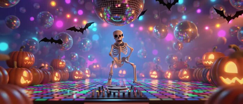 Funny 3D cartoon skeleton DJ at a Halloween party, colorful lights flashing, bats flying around, glowing disco ball. 