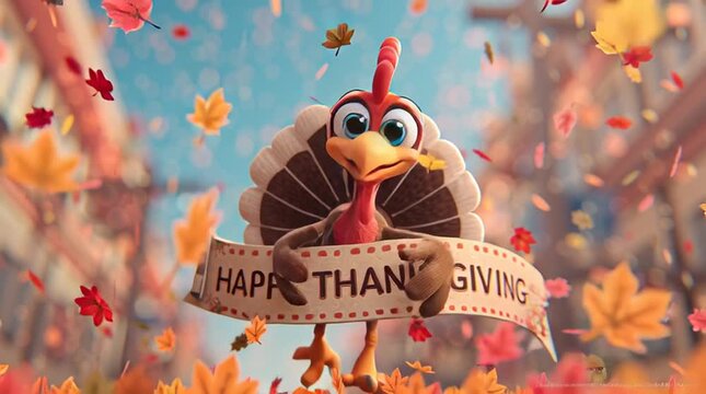 3D cartoon turkey dancing joyfully in front of a "Happy Thanksgiving 2025" banner, confetti flying around, vivid autumn leaves swirling.