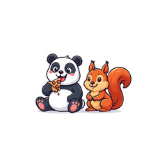 Cute panda and squirrel friends sharing a treat