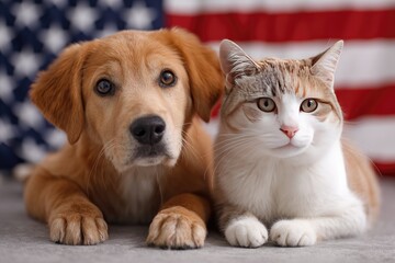 Golden Retriever Puppy And Tabby Cat Posing Together In Front Of American Flag