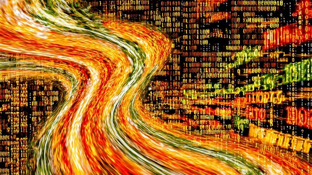 Abstract binary code landscape with vibrant colors and fluid movement creating a modern tech feel