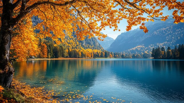 Golden autumn trees by vorderer langbathsee lake in austrian alps