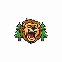 Laughing lion head mascot with pine trees