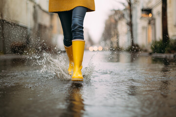 Person in yellow rain boots splashing in puddle on a rainy day