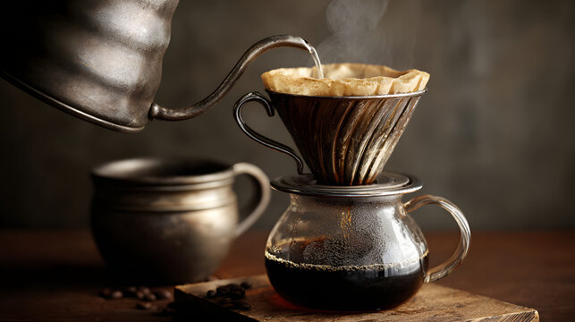 Pour over coffee manual brew drip filter ceramic dripper paper filter steam hot water glass carafe dark roast rustic kitchen. Pour over coffee - Powered by Adobe