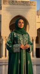Naklejka premium Elegant woman in green hijab with traditional dress stands confidently before a stunning mosque, perfect for cultural heritage or fashion campaigns
