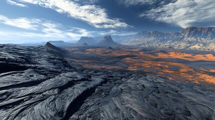 A rugged volcanic landscape at midday with deep charcoal and rust-colored rock 
