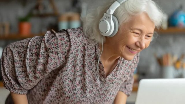 Portrait of cheerful elderly woman wearing headphones learning computer skills online, soft background with home decor, concept of digital literacy and empowerment