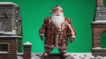 Steampunk santa claus standing on a snowy rooftop with a green screen background and model buildings christmas santa video
