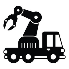 Truck with Robotic Grapple Arm for Material Handling Glyph Vector. This specialized vehicle is used for heavy-duty material handling, construction site work, or waste management.