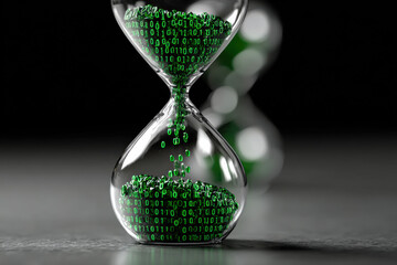 Hourglass filled with binary code, symbol of digital time and technology