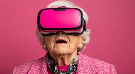 Elderly woman in VR headset experiences wonder and surprise