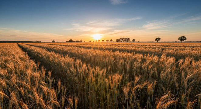 Golden wheat field at sunset with a clear blue sky, creating a serene and picturesque landscape with trees in the distance and warm sunlight - Powered by Adobe