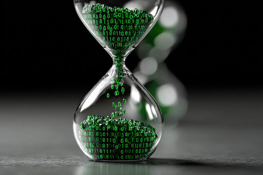 Hourglass filled with binary code, symbol of digital time and technology