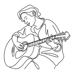 A minimalist continuous line drawing of a person playing an acoustic guitar with their eyes closed in concentration and enjoyment