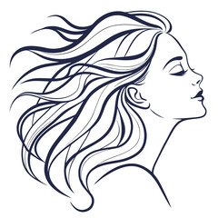 Elegant line art profile of a woman with flowing hair in a serene pose conveying beauty and grace
