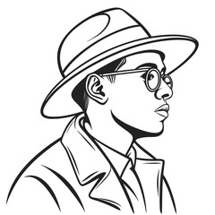 Stylized black and white illustration of a man wearing a fedora hat and round glasses looking to the side with a serious expression