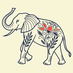Stylized elephant decorated with intricate floral patterns and leaves in a folk art style