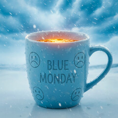 Blue Monday Cozy Mug of Warm Drink Amidst a Snowy Scene