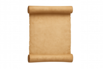 Old parchment scroll presenting a blank surface for text, featuring a rustic paper texture and a transparent background