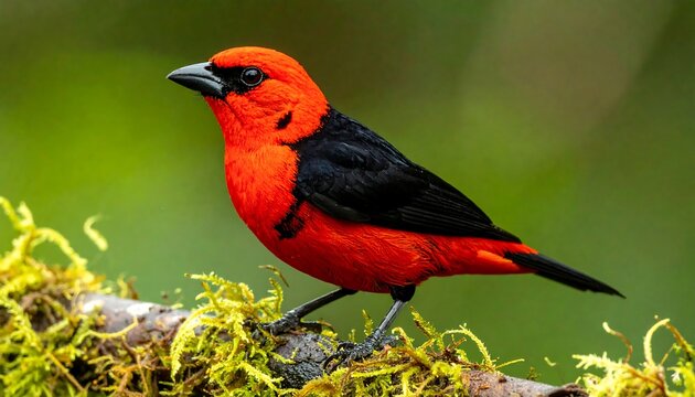 Crimson male tanager perched on a mossy branch