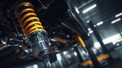 High performance yellow coilover suspension undercarriage automotive workshop, metallic components and industrial lighting create dynamic