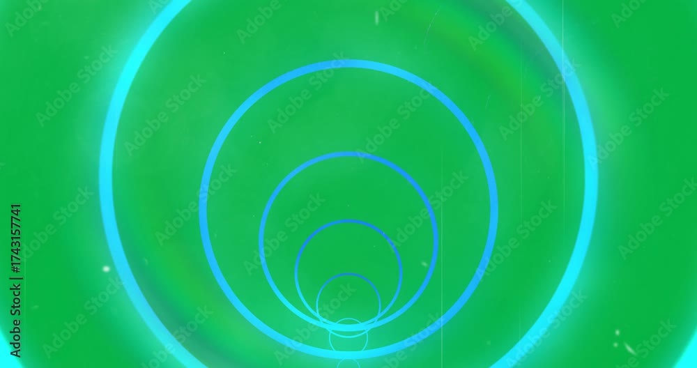 Poster animation of glowing neon blue abstract tunnel with circles moving on transparent background