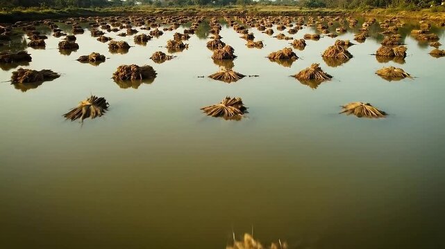 Jute Plants Submerged in Water Post Harvest in Brown Muddy Color Creating a Serene and Textured Landscape at Golden Hour for Agricultural and Industrial Theme Videos Background