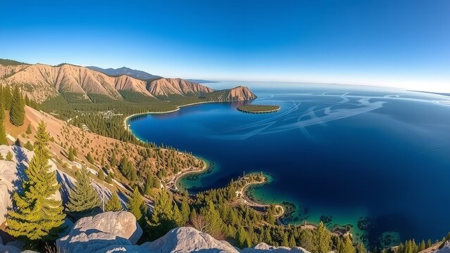 Captivating views of majestic mountains and sparkling blue lake in California, a scenic beauty.