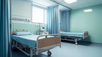 Hospital room with two beds blue curtain and medical monitor creating calm atmosphere