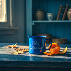 Cozy Blue Monday Morning Scene with Coffee and Citrus