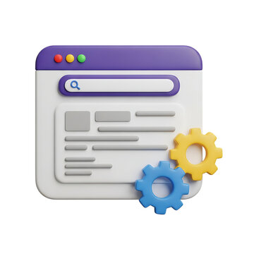 3d icon of a 3d illustration of a web browser window with a search bar and content, alongside two gears, isolated on transparent background
