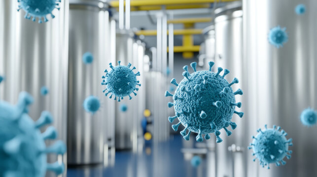 Blue virus particles inside industrial processing plant with stainless steel tanks and pipes conveying contamination concern